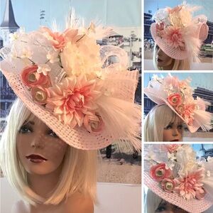 Pale Pink Floral Derby Hat with Feather and Rose Accents